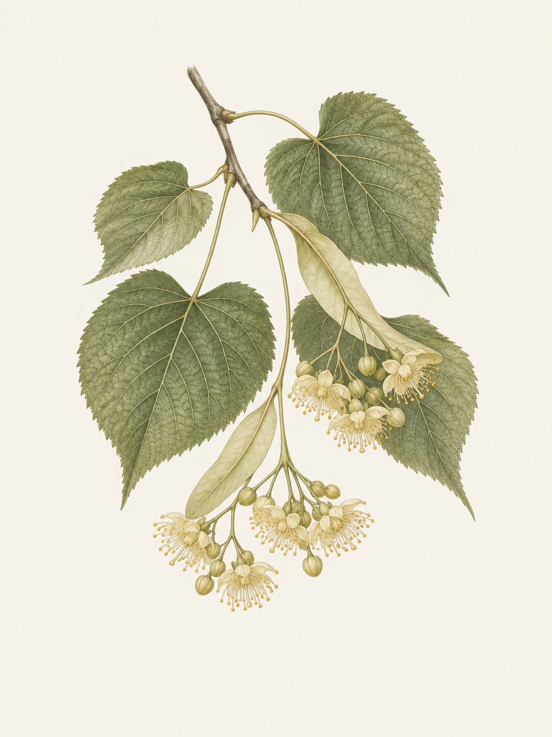 セイヨウボダイジュの心形の葉、葉脈、苞と花を描いた植物図譜風のイラスト